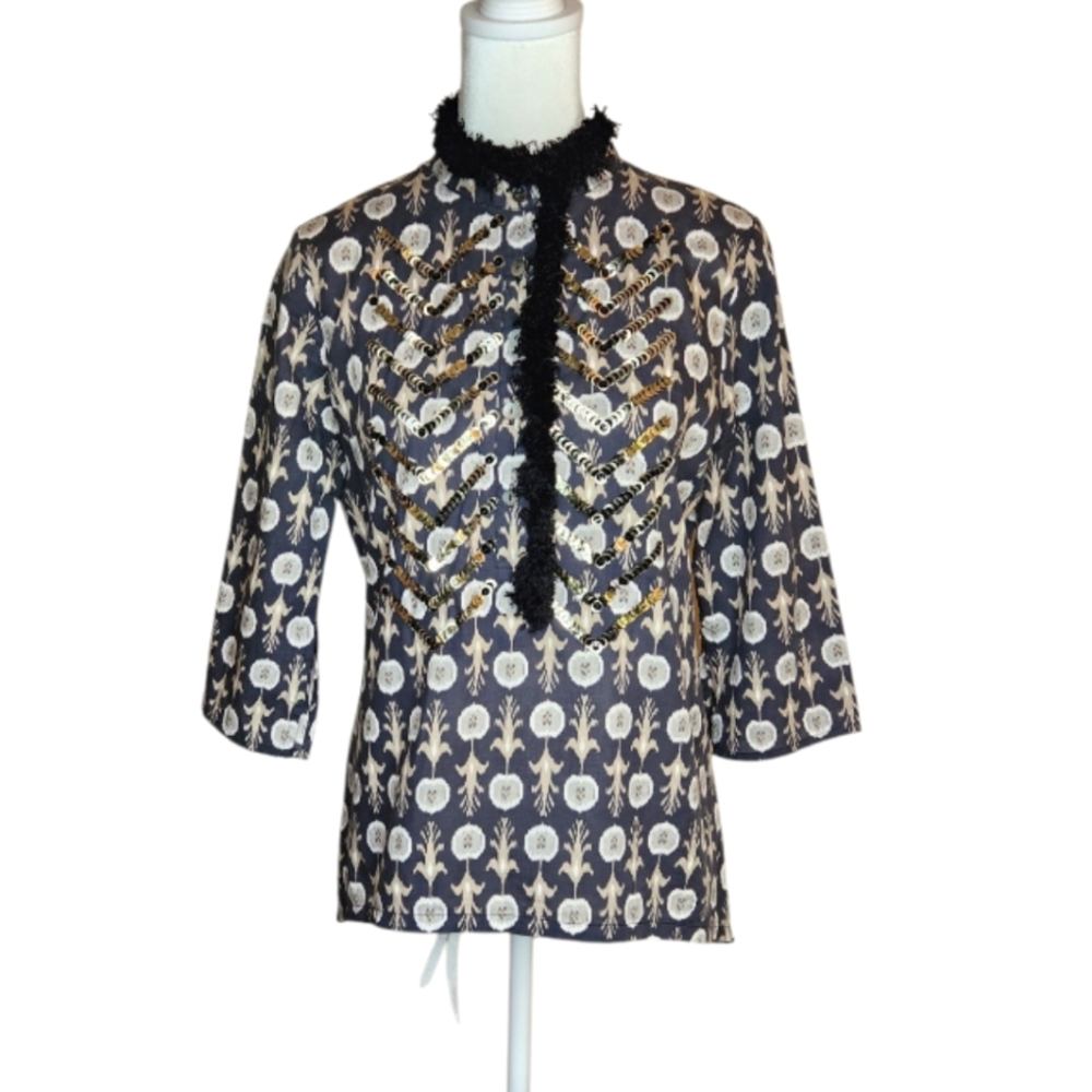 Figue Floral Block Print Top with Chevron Sequin and Eyelash Trim Detail XS